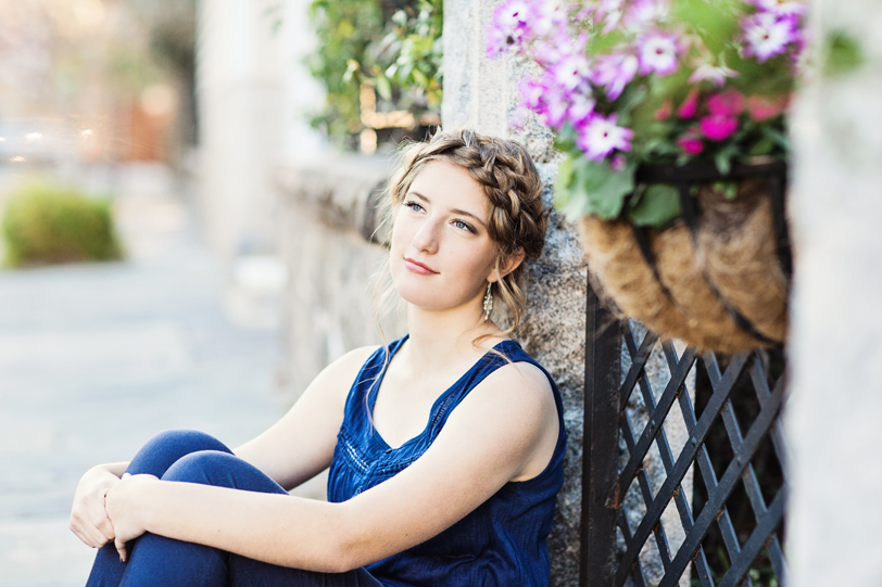 Girl with crown braid and flower boxes in Charleston, SC by Kaitlin Scott Photography