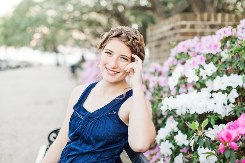 Crown braid and azaleas during portrait session in Charleston White Point Gardens by Kaitlin Scott Photography