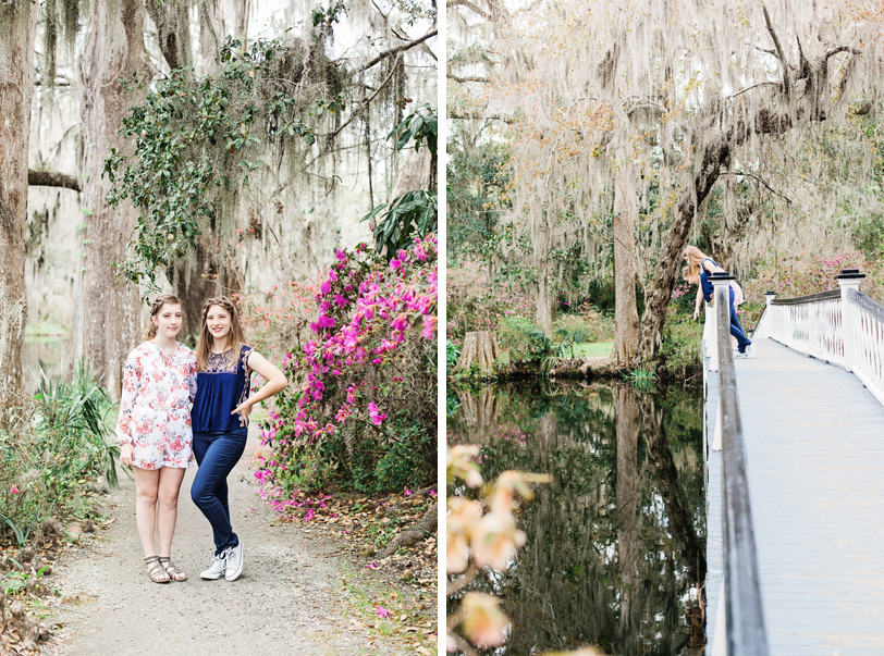 Twin sisters on White Bridge at Magnolia Plantation by Kaitlin Scott Photography
