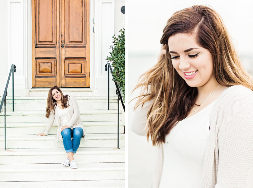 Downtown Charleston Portraits of Senior girl with brown door and stairs