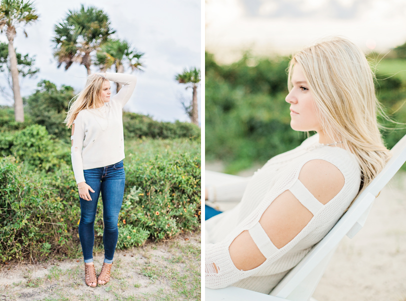 Island High School Senior Pictures by palmettos and ocean at sunset by Kaitlin Scott Photography