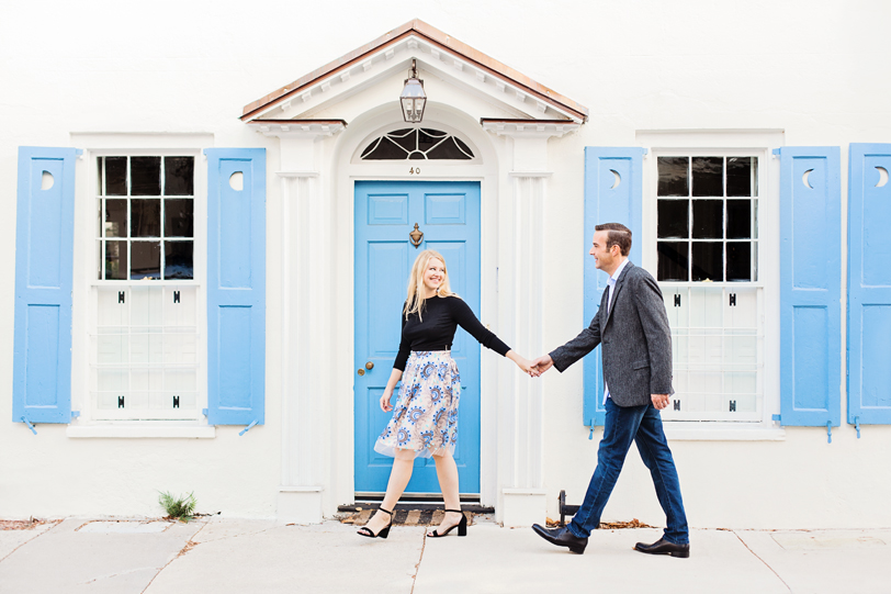 Charleston white house with blue shutters and blue door, Engagement Photos by Kaitlin Scott Photography