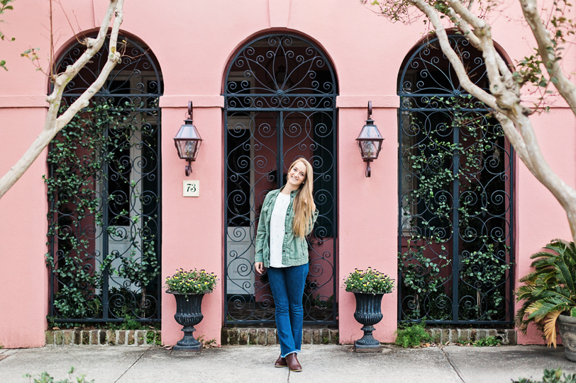 Charleston Rainbow Row, pink home with black arches by Kaitlin Scott Photography