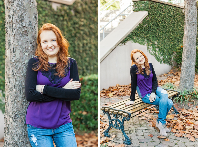 Senior with red hair with trees and bench in SC