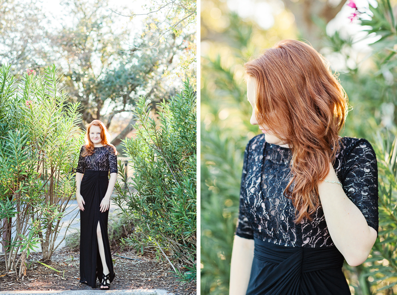 Redhead in formal black dress, Charleston Senior Portraits by Kaitlin Scott Photography