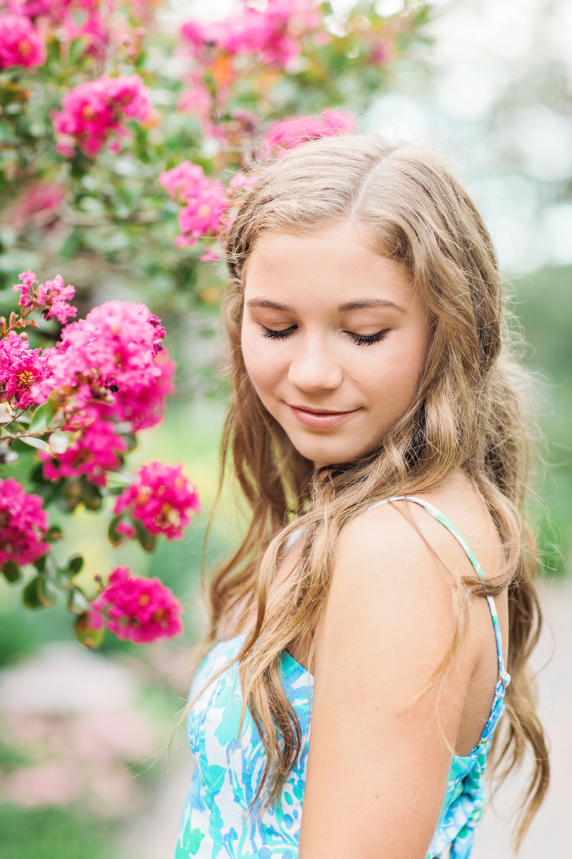 High School Senior Portraits of Girl with Crepe Myrtle Flowers