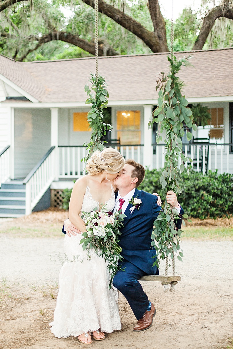 Wingate Plantation Bride and Groom on Swing during Wedding Portraits | Kaitlin Scott Photography