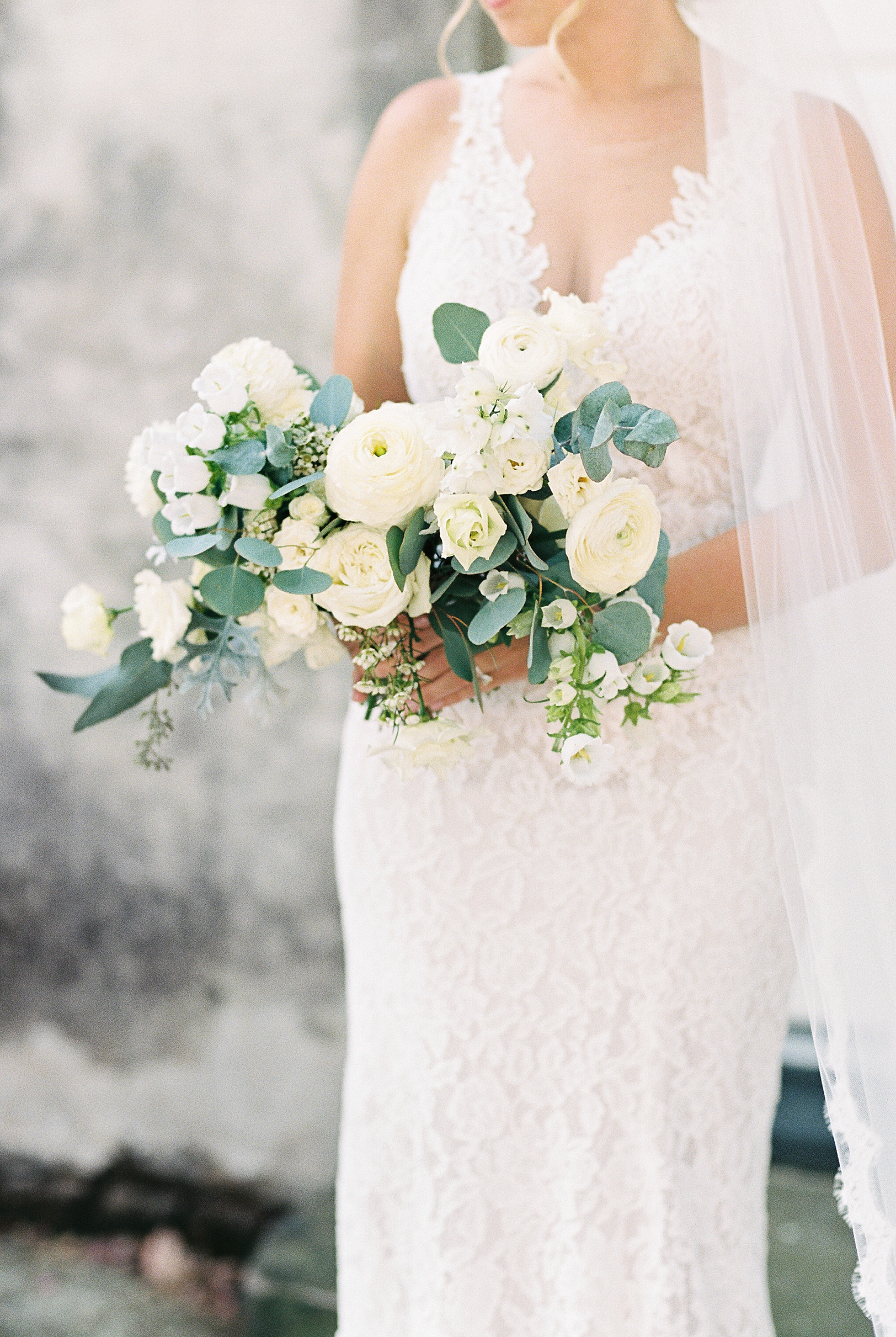 White and Green Bridal Bouquet by Film Wedding Photographer Kaitlin Scott