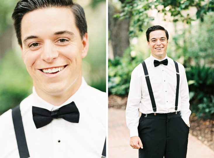 Laughing Groom Portraits in suspenders before Charleston Wedding on Film | Kaitlin Scott Photography