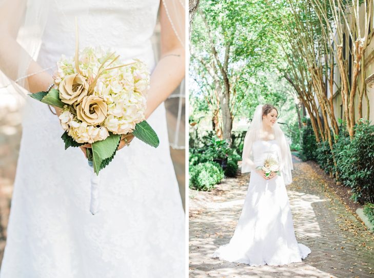 Palmetto Rose and Hydrangea Bridal Bouquet in Downtown Charleston | Kaitlin Scott Photography