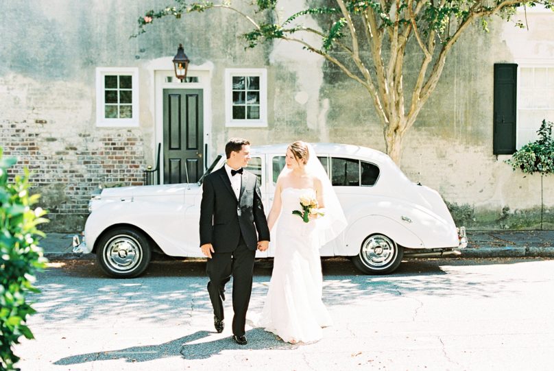 Downtown Charleston Film Wedding Portraits by white limo | Kaitlin Scott Photography