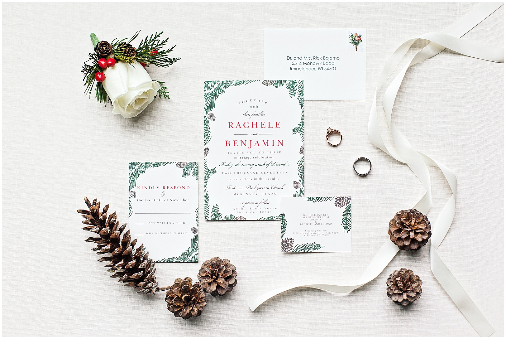 Winter Wedding Invitation Suite Styling with Pine Cones and Boutonniere | Charleston Photographer Kaitlin Scott Photography