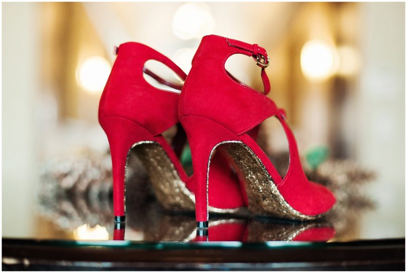 Christmas Wedding Bridal Shoes Red with Gold Glitter | Kaitlin Scott Photography