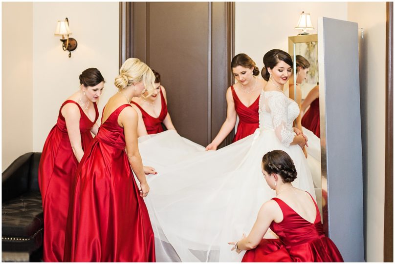 Bride with Bridesmaids in Red Dresses 