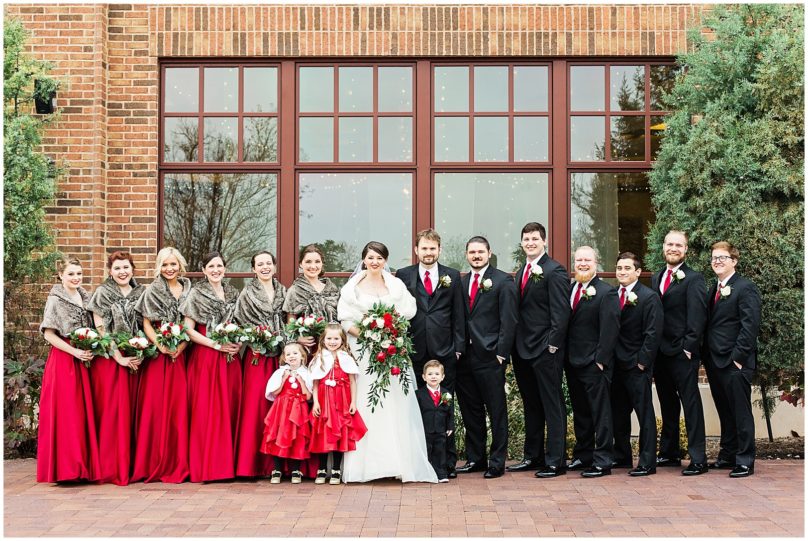 Wedding Party Portraits | Red Bridesmaid Dresses and Fur Wraps | Christmas Themed Winter Wedding | Charleston Photographer Kaitlin Scott 