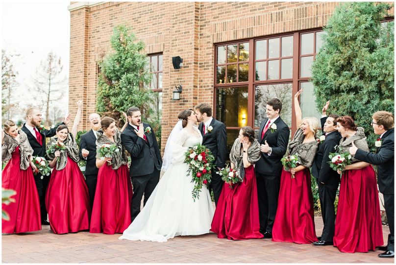 Wedding Party Portraits | Red Bridesmaid Dresses and Fur Wraps | Christmas Themed Winter Wedding | Charleston Photographer Kaitlin Scott 