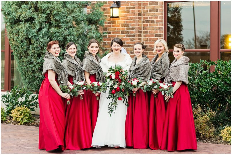 Christmas 1940's Wedding with Red Bridesmaid Dresses and Fur Wraps | Charleston Photographer Kaitlin Scott Photography