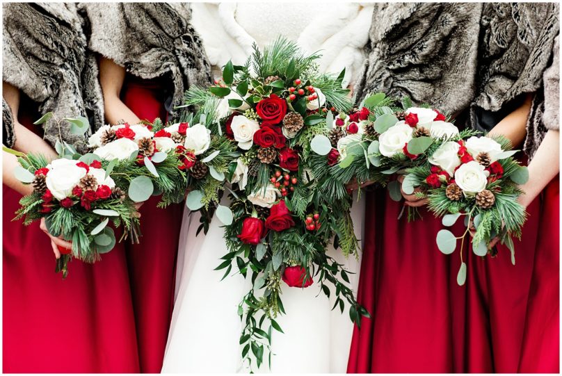 Christmas Wedding Bridesmaid Bouquets with white roses, pine cones and pine needles | Charleston Photographer Kaitlin Scott Photography