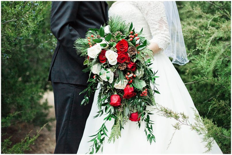 Christmas Wedding Bouquet with cascading red and white roses and pine cones | Kaitlin Scott Photography