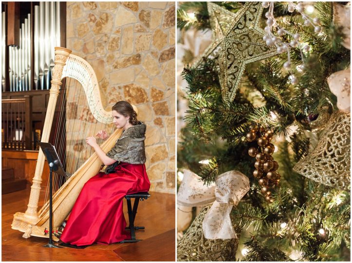 Bridesmaid playing harp for Christmas Wedding | Kaitlin Scott Photography