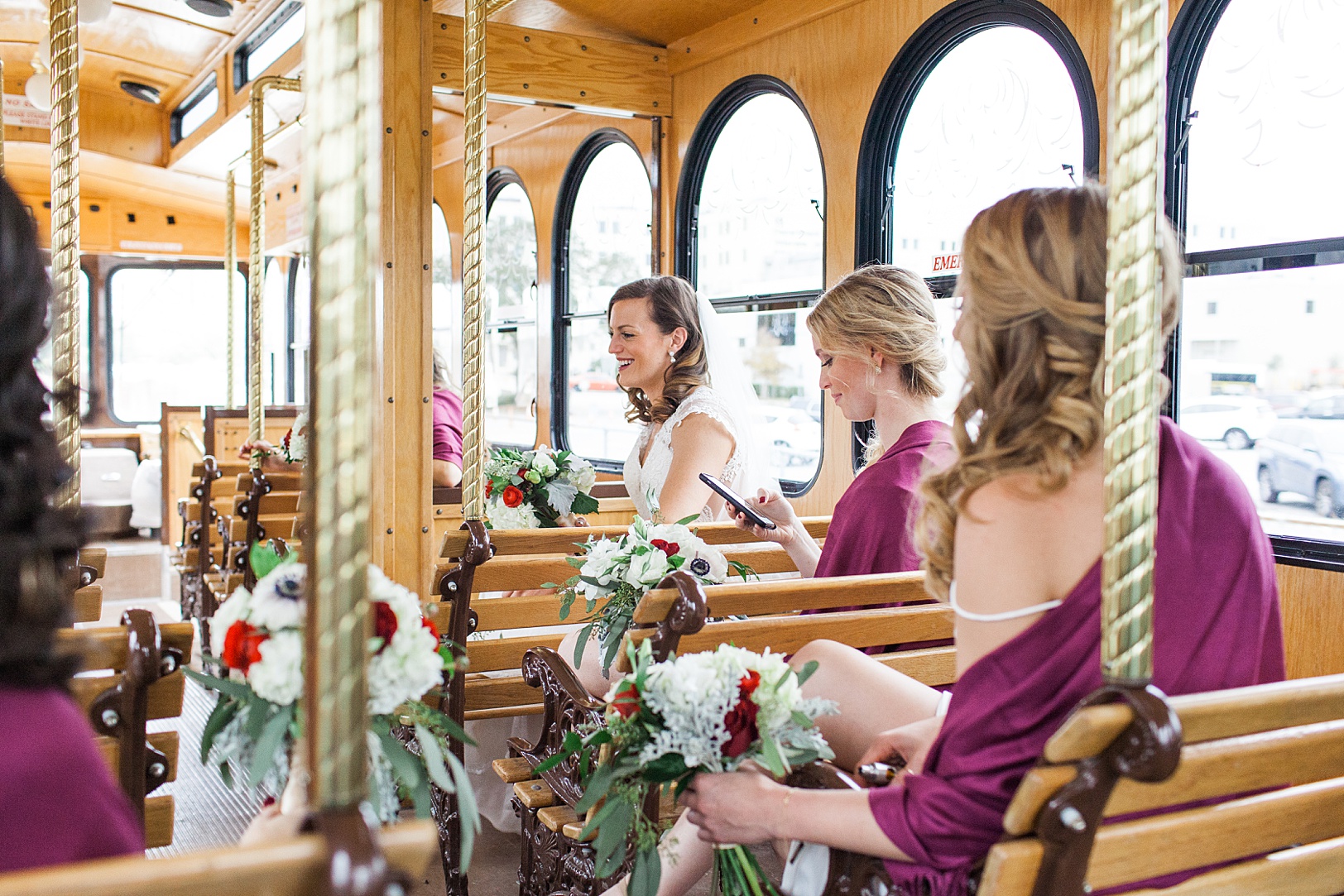 Bride and Bridesmaids on Charleston Lowcountry Trolley | Kaitlin Scott Photography