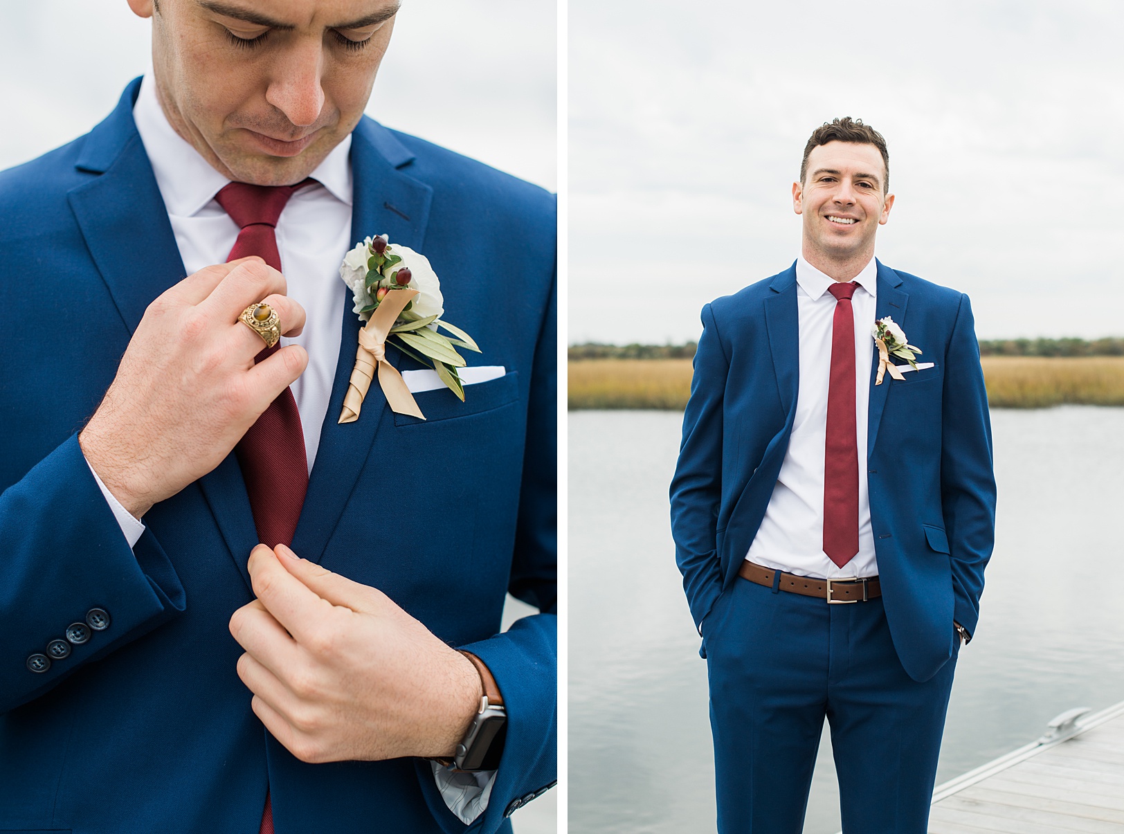 Groom in blue suit with burgundy tie for winter wedding | Kaitlin Scott Photography