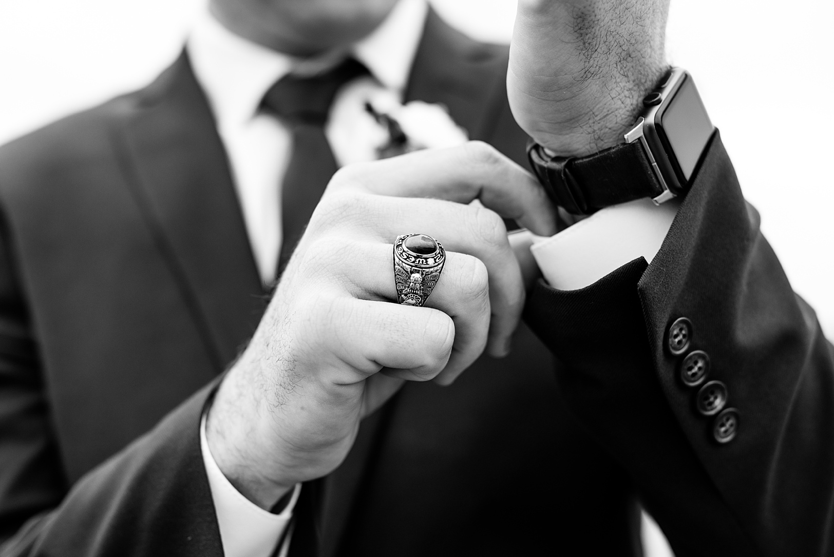 Black and White Groom Getting Ready with citadel ring | Kaitlin Scott Photography