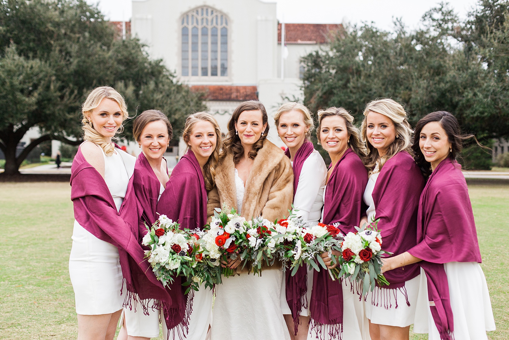 December Bride with Bridesmaids in Maroon Shawls by Summerall Chapel | Kaitlin Scott Photography
