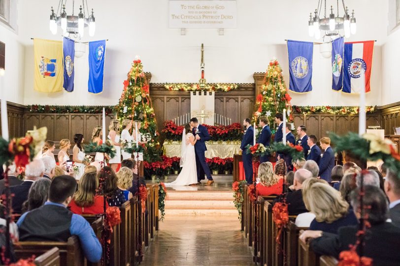 First Kiss at Summerall Chapel, Christmas Wedding Ceremony | Kaitlin Scott Photography