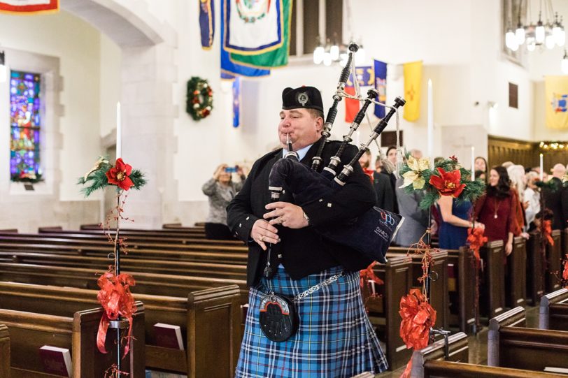 Scottish Musician with bagpipes and kilt at Citadel Summerall Chapel | Kaitlin Scott Photography