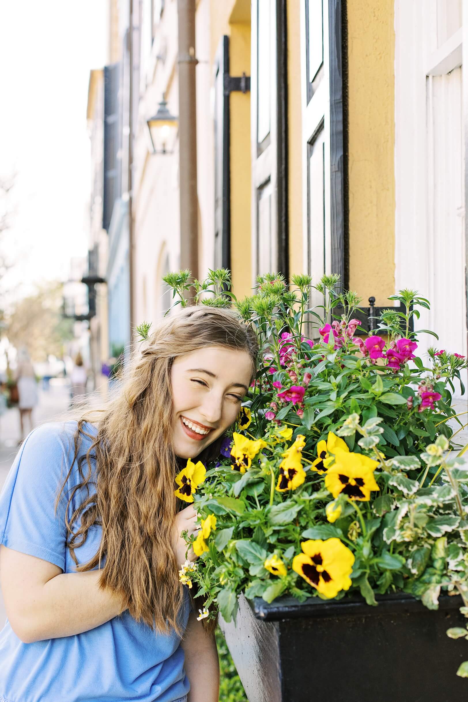 Rainbow Row Window Box with flowers | Charleston Senior Photographer