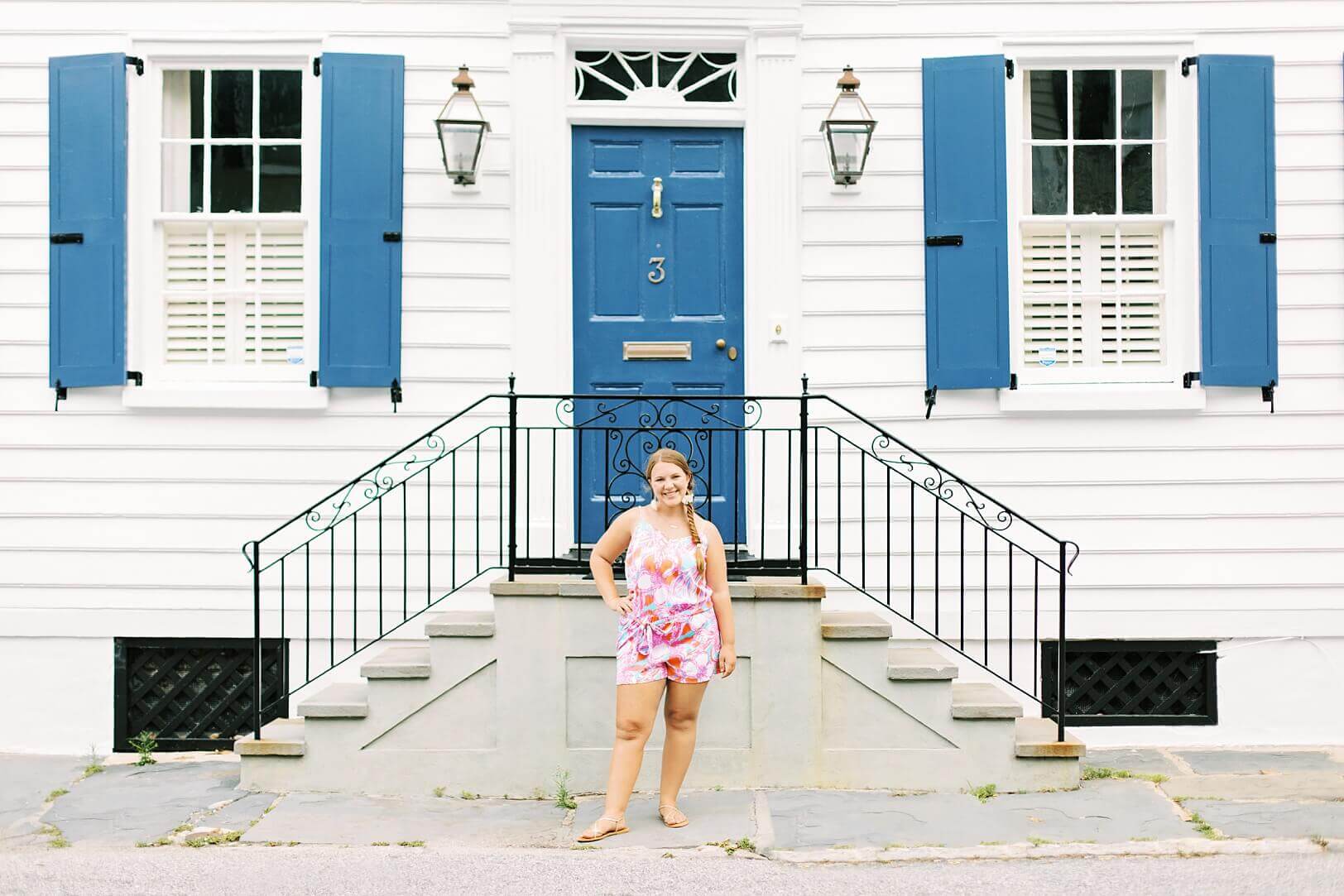 Charleston white house with blue shutters and door | Portrait Photographer Kaitlin Scott