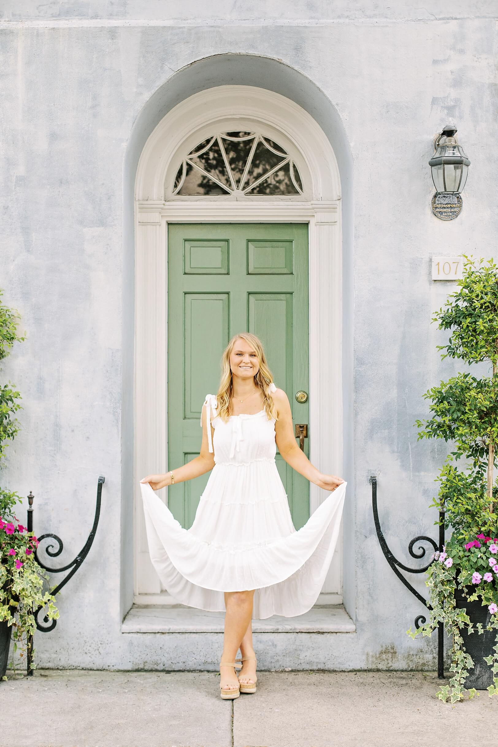 Charleston green door and blue home | Senior Photographer Kaitlin Scott