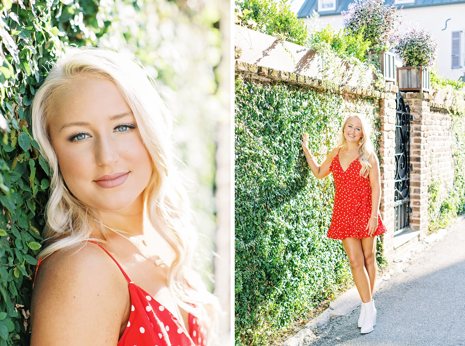 Girl leaning against ivy-covered brick wall in Charleston | Kaitlin Scott Photography