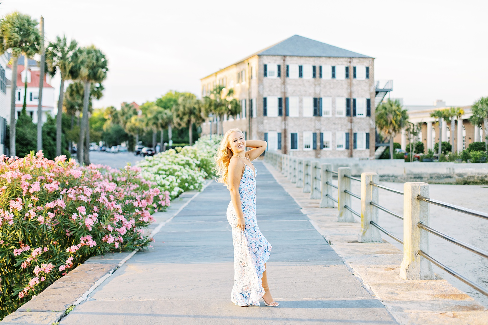 Girl in floral dress on Charleston Battery | Kaitlin Scott Photography