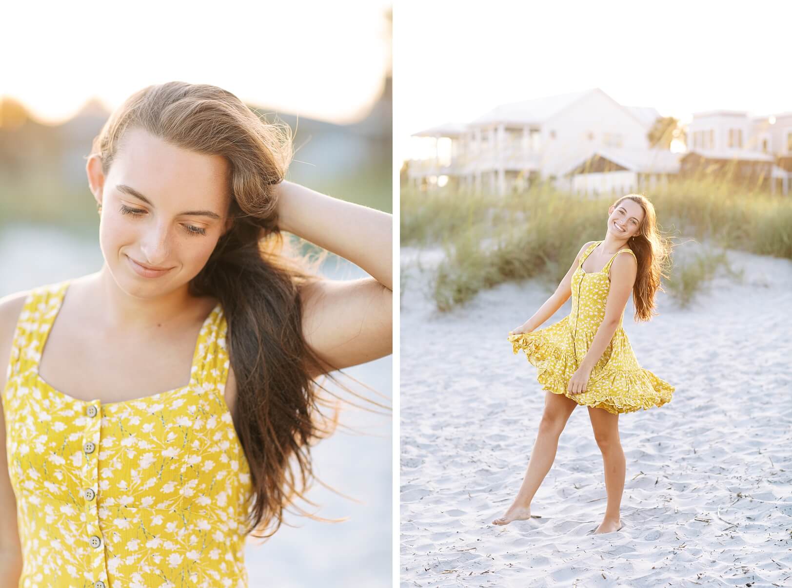 Girl dancing in yellow dress on beach