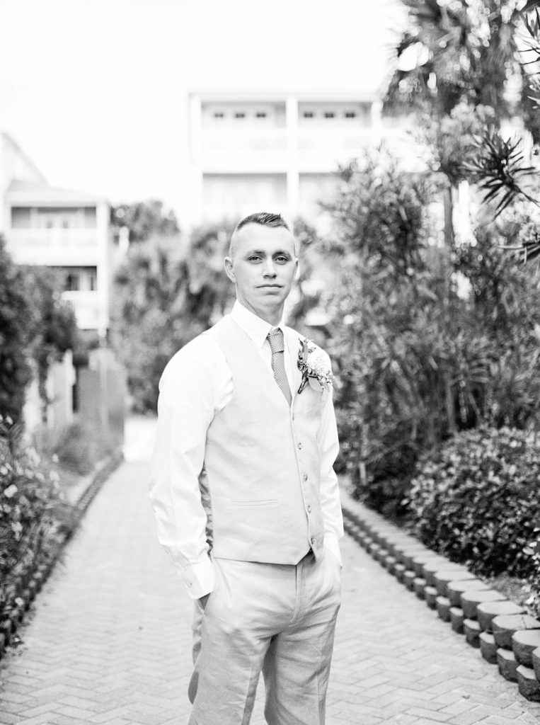 Black and White of Groom on Wedding Day in Charleston