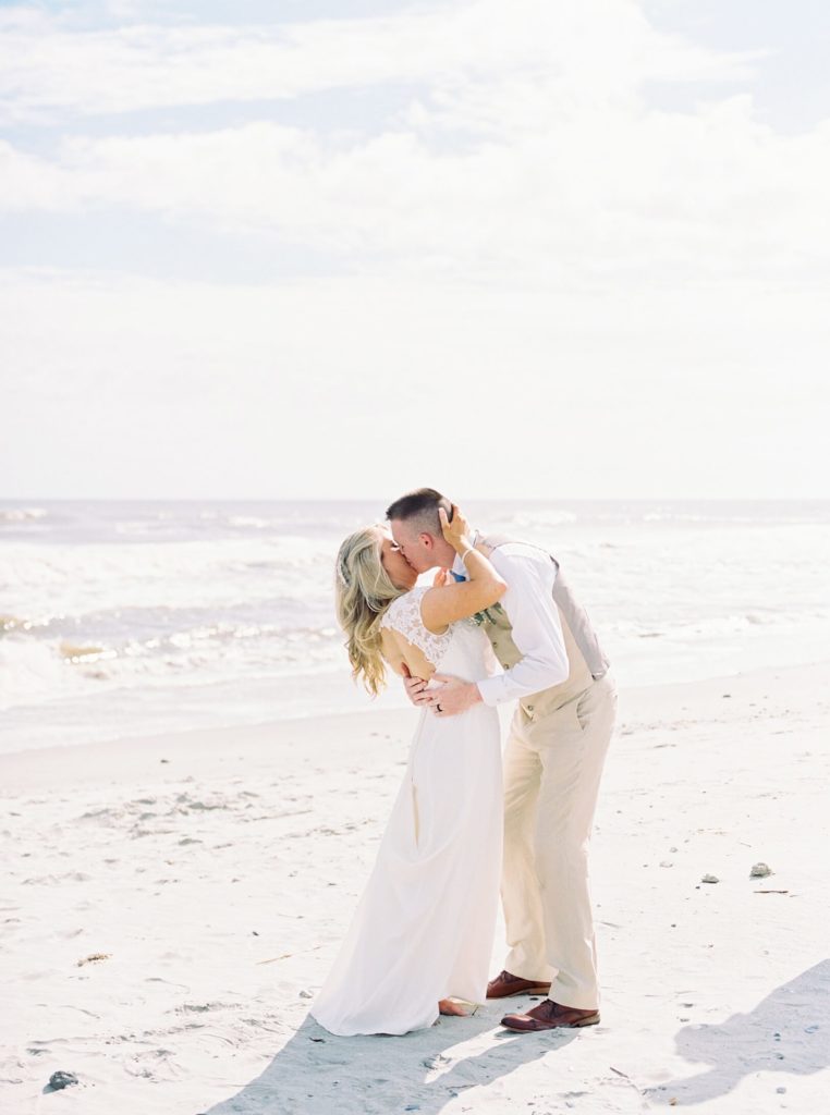 First Kiss of Newlyweds at Folly Beach Elopement | Kaitlin Scott Photography