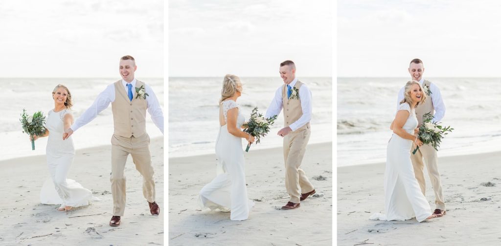 Newlyweds laughing and playing on beach