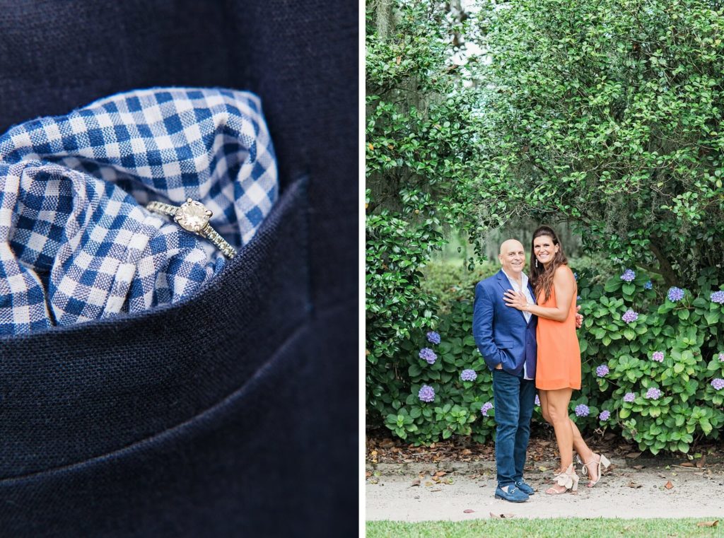 Engagement ring shot in suit pocket with handkerchief