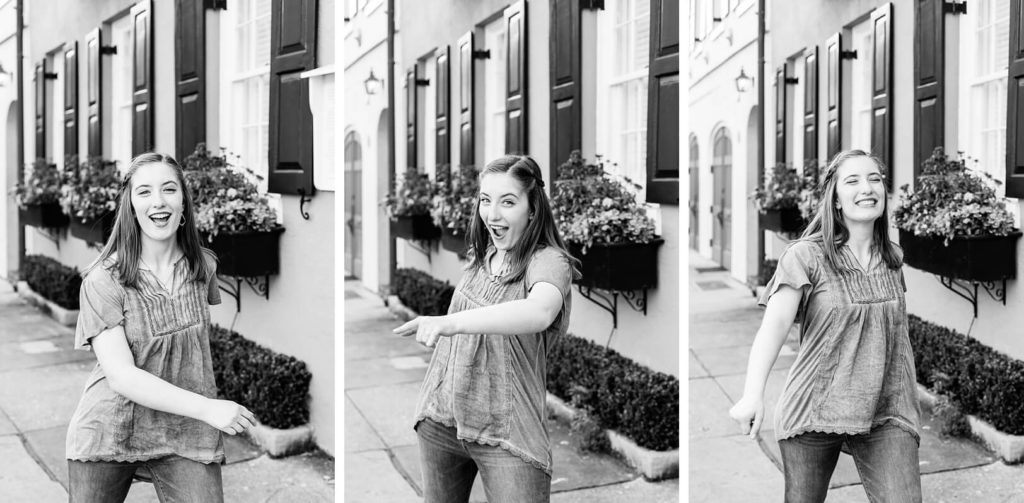 Girl goofing around on Rainbow Row for photos | Kaitlin Scott Photography